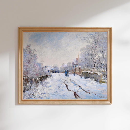 The image is a framed painting depicting a snowy winter scene with people walking along a path through a snowy landscape.