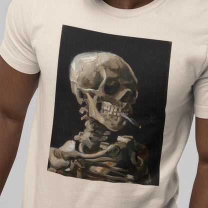 A man wearing a white t-shirt with a framed image of a skeleton smoking a cigarette.