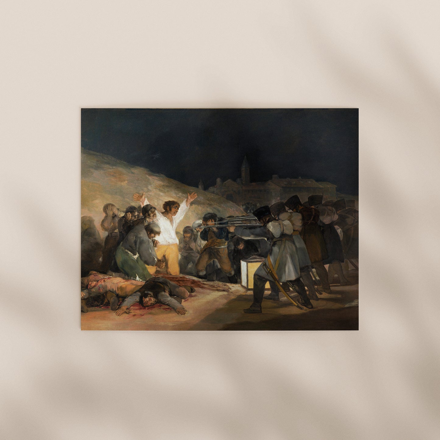 The image is a painting depicting a group of people gathered around a man who is lying on the ground, with some of the people holding up a flag.