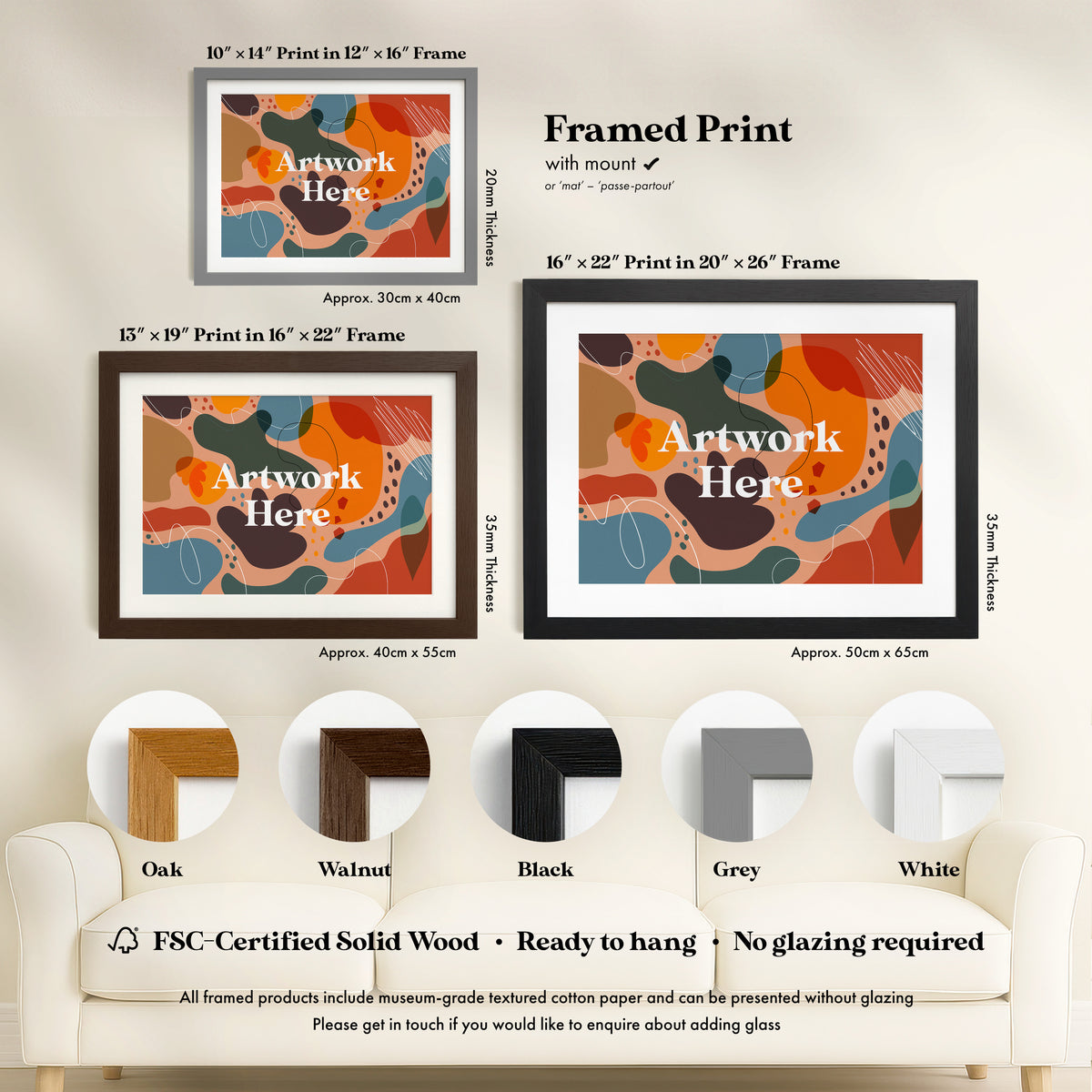 a variety of framed print artworks, each with different frame styles and colors, arranged on a wall.