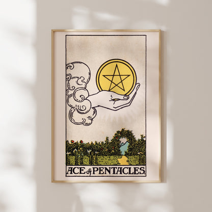 The image is a framed tarot card depicting the Ace of Pentacles, a major arcana card from the deck of the tarot.