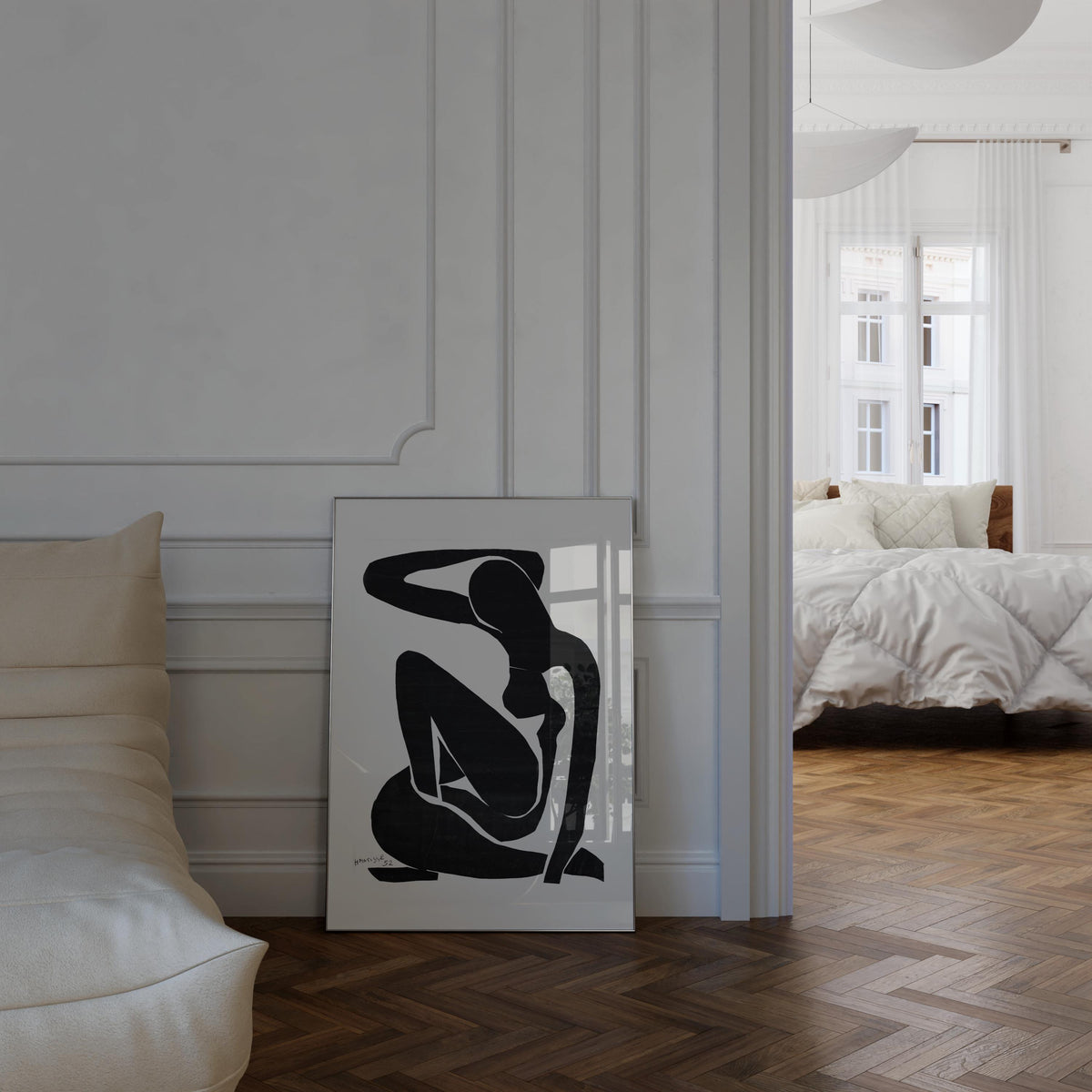 a minimalist bedroom design with a large abstract artwork of a human figure on the wall, a white bed, and a wooden floor.