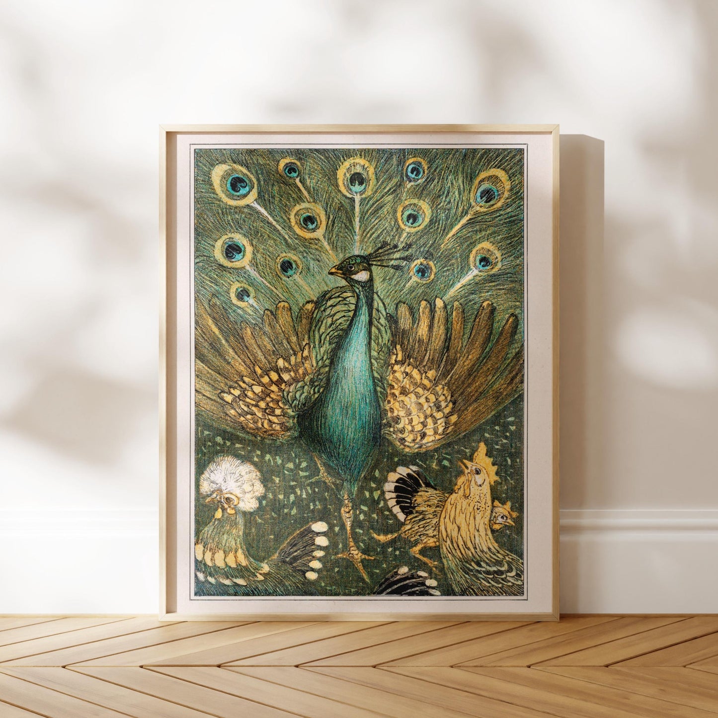 a framed painting of a peacock with its vibrant green body, yellow and blue feathers, and a large, colorful fan.