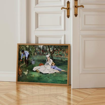 a painting of a woman sitting in a grassy field, with a man and a child nearby.