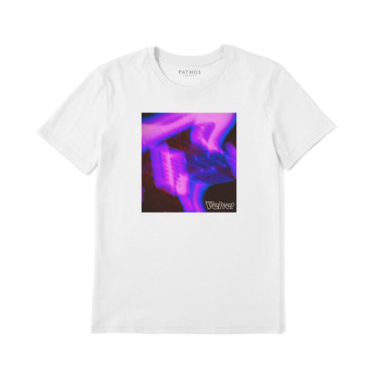 A white t-shirt with a graphic design featuring a purple and black abstract image.