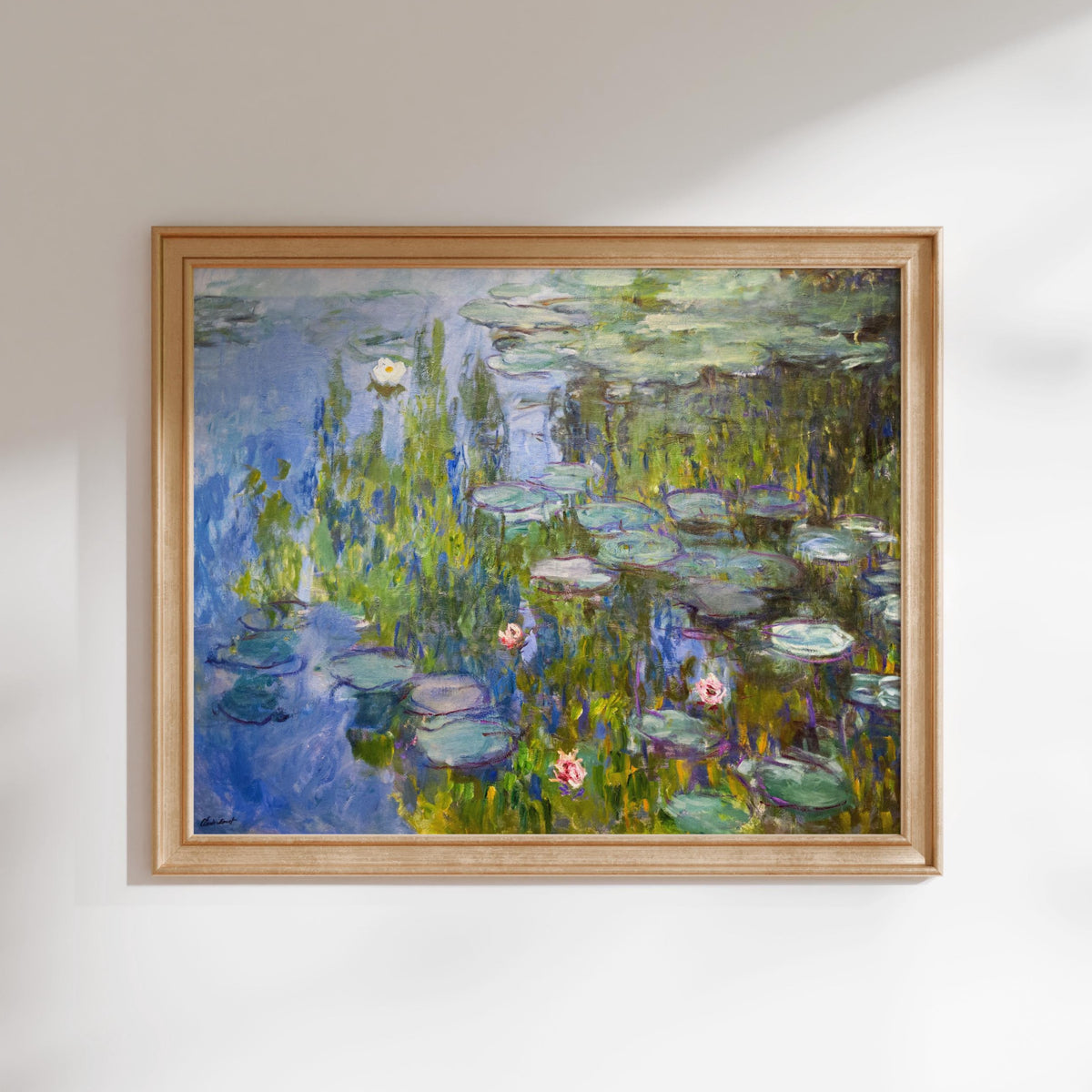 The image is a framed painting depicting a serene water lily pond scene with lily pads and flowers.