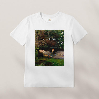 A white t-shirt with a printed image of a woman lying in a natural setting, surrounded by greenery.