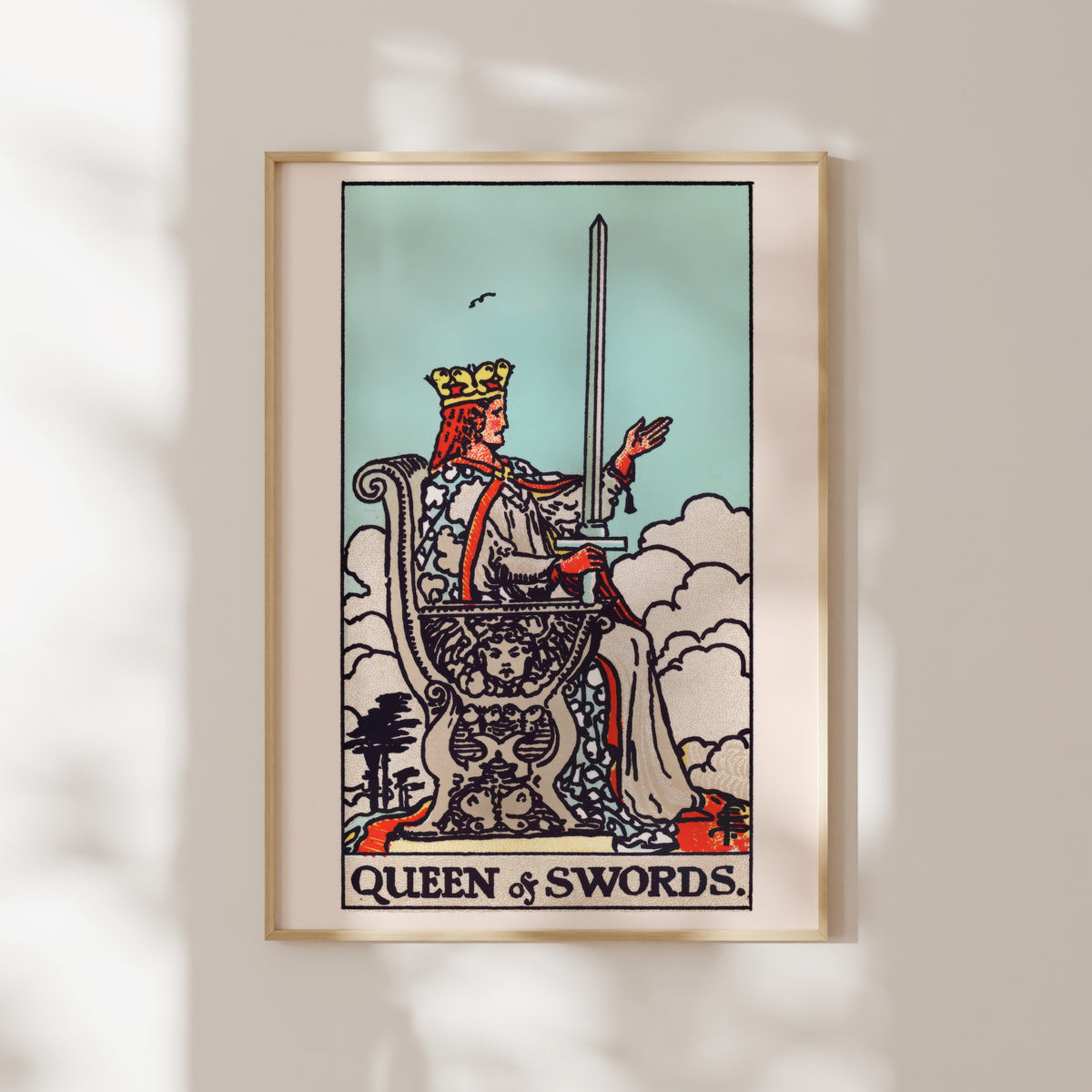 The image is a framed tarot card depicting a queen sitting on a throne and holding a sword.