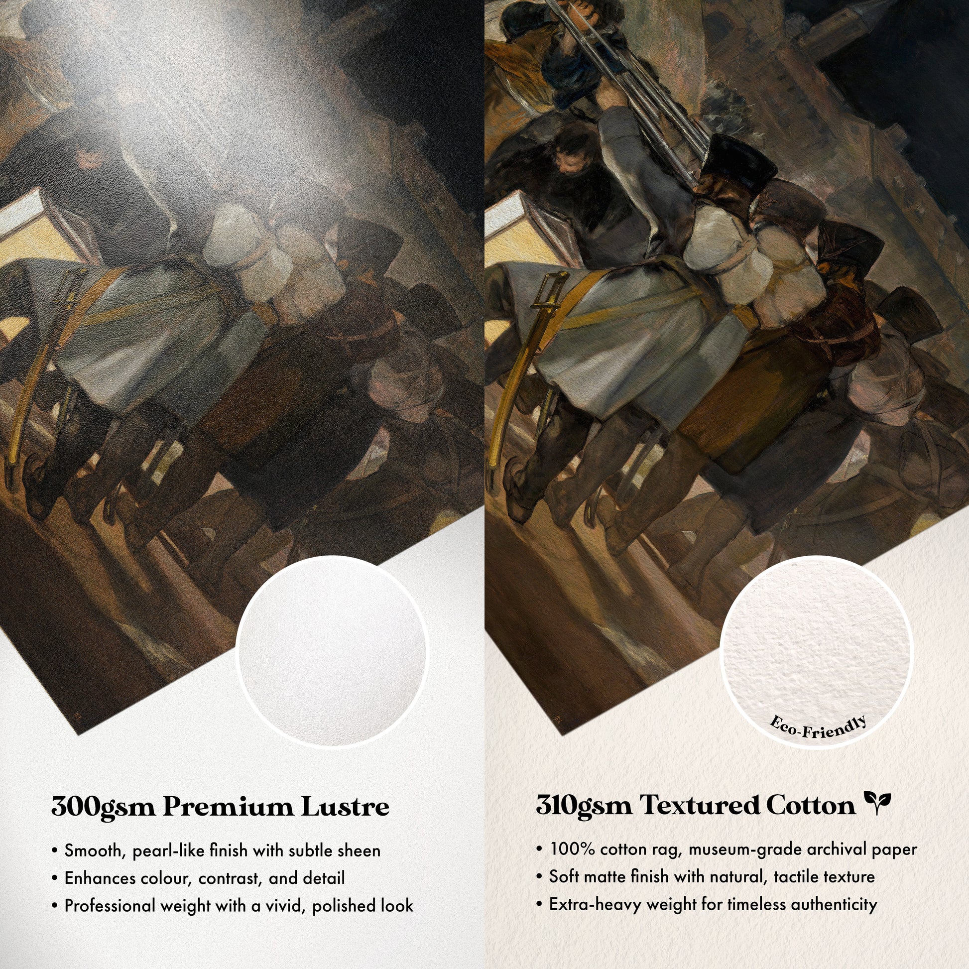 The image is a collage of two images, each depicting a different type of paper. The left image shows a smooth, pearl-like finish with subtle sheen, while the right image features a textured cotton paper with a 100% cotton rag museum-grade archival paper, a soft matte finish with natural texture, and a professional weight with a polished look.
