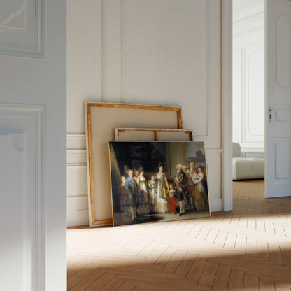a large painting of a group of people in a room with white walls and a wooden floor.