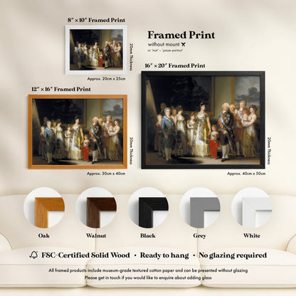 The image is a framed print of a painting depicting a group of people in formal attire, likely from the 17th century. The print is available in various sizes and frame styles, including a 16" x 20" framed print, a 12" x 16" framed print, and a 20" x 25m" framed print. The print is made of FSC-Certified solid wood and does not require glazing, making it suitable for display without any additional treatments.