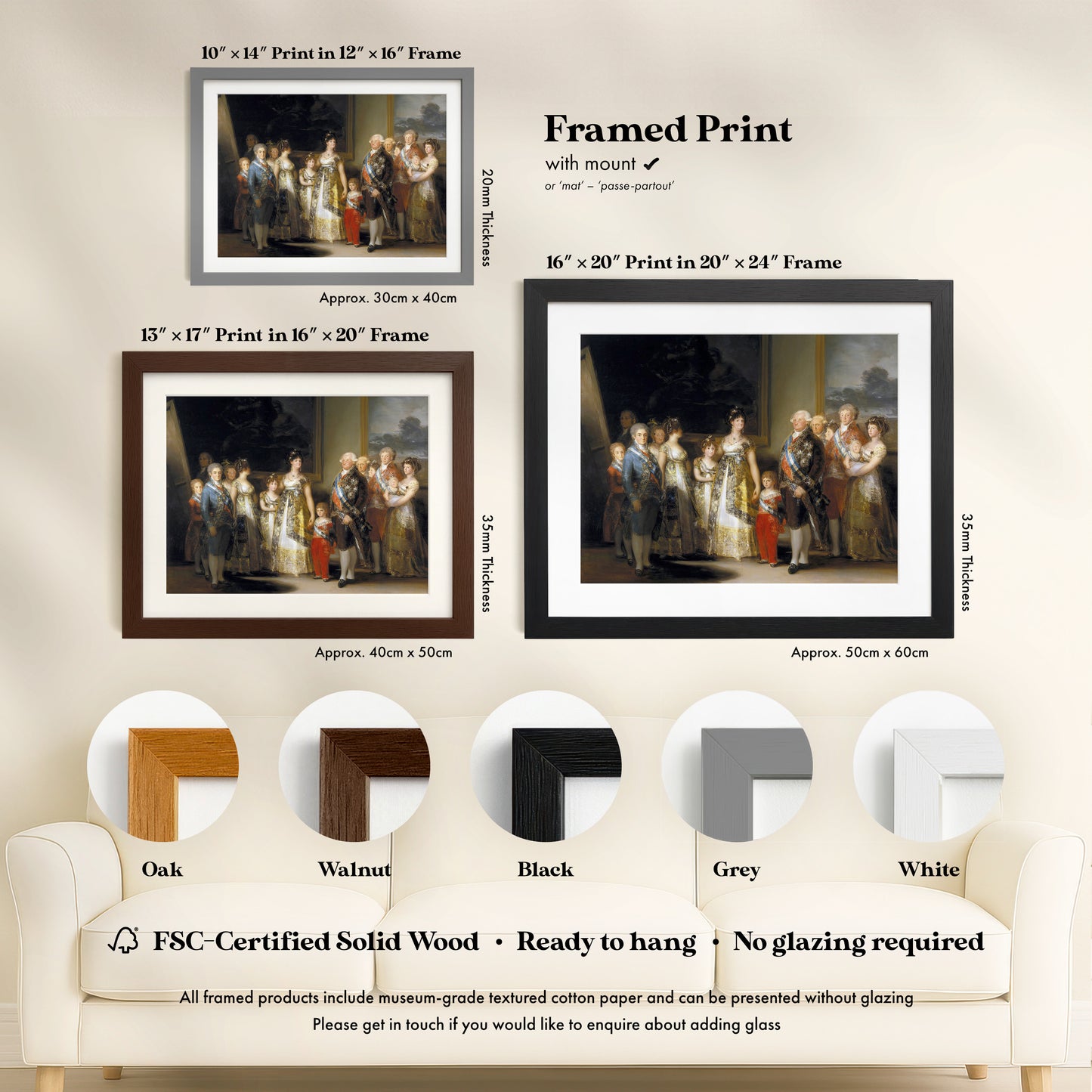 The image is a framed print of a painting depicting a group of people in a formal setting. The print is available in various sizes and frame styles, including a 16" 20" print in a 20" 24" frame, a 15" 17" print in a 30" 40cm frame, and a black frame. The print is FSC-Certified Solid Wood and ready to hang, with no glazing required. The image is a collage of multiple images, and the text provides information about the print and its frame options.