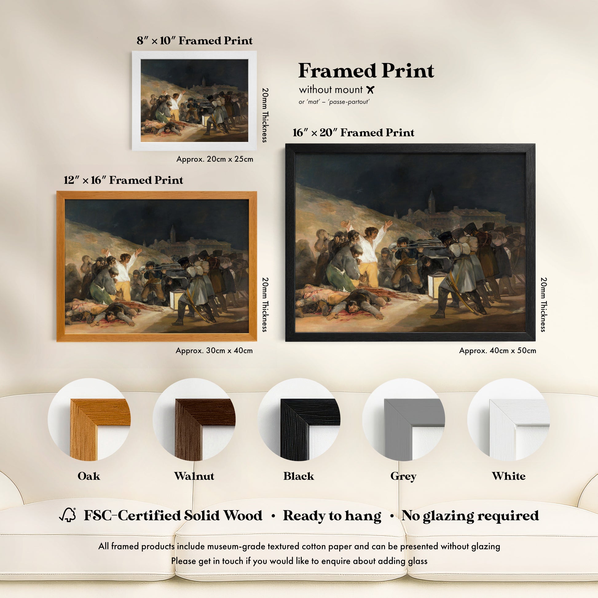 The image is a framed print of a painting depicting a group of people in a historical scene. The print is available in different sizes and frame styles, including a 16" x 20" framed print, a 12" x 16" framed print, and a 20" x 25m" framed print. The print is made of FSC-Certified solid wood and is ready to hang without glazing, as indicated by the text. The image also includes a description of the print, including its dimensions and frame styles.