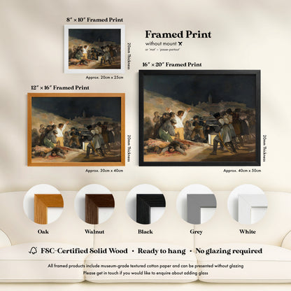 The image is a framed print of a painting depicting a group of people in a historical scene. The print is available in different sizes and frame styles, including a 16" x 20" framed print, a 12" x 16" framed print, and a 20" x 25m" framed print. The print is made of FSC-Certified solid wood and is ready to hang without glazing, as indicated by the text. The image also includes a description of the print, including its dimensions and frame styles.