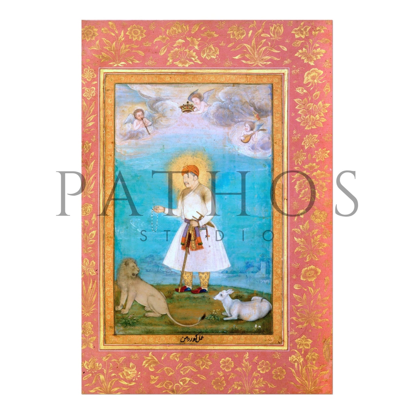 Akbar With Lion & Calf (Traditional Persian Miniature Art) - Pathos Studio - Art Prints