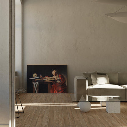 a modern living room with a large painting of a man in a red robe sitting at a table, surrounded by various furniture pieces such as a sofa, a coffee table, and a sculpture.