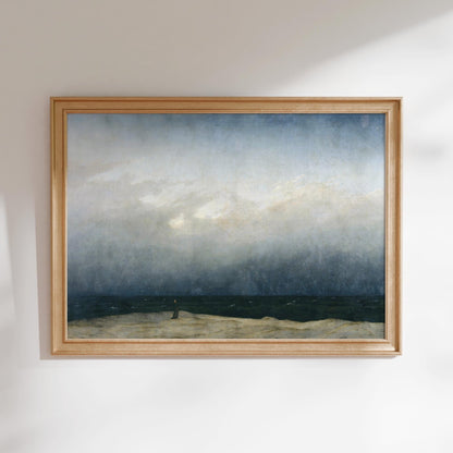 The image is a framed painting depicting a serene landscape with a cloudy sky and a body of water.