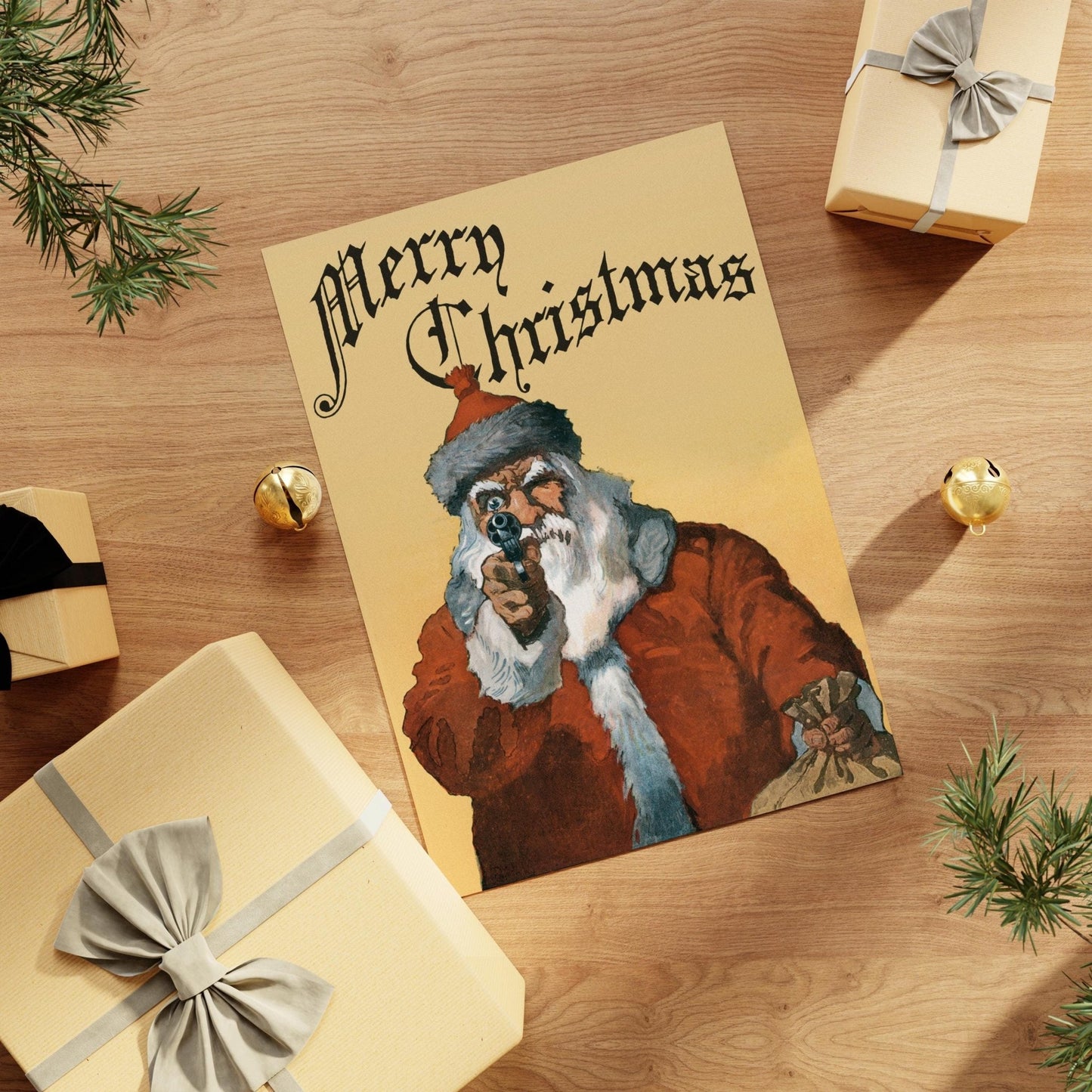 Christmas Greetings Cards: Santa Clause With Gun - Pathos Studio - Greetings Cards