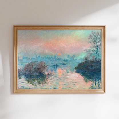 The image is a framed painting depicting a serene landscape with a body of water, boats, and a sunset in the background.