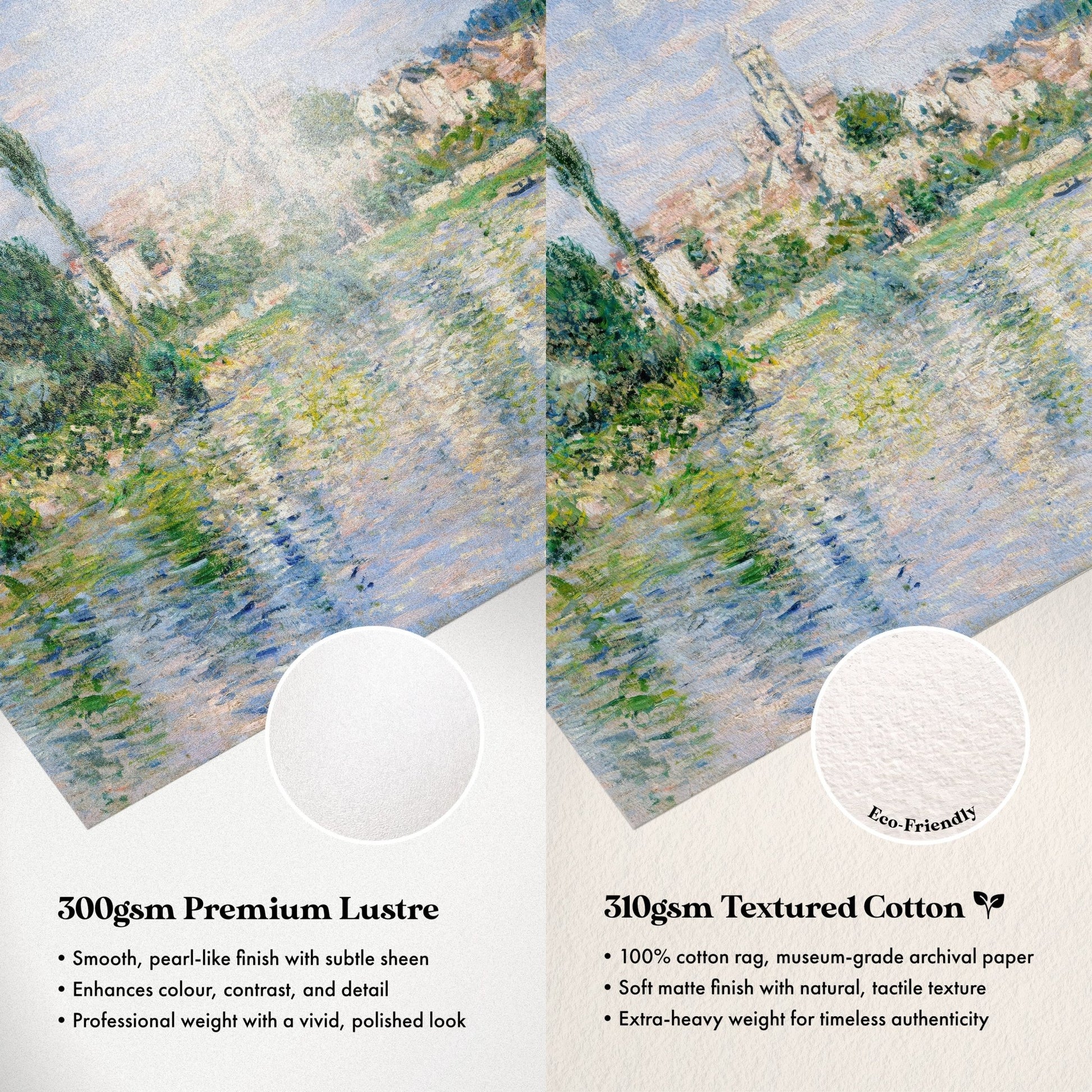 The image is a comparison between two types of paper: a smooth, pearl-like finish with subtle sheen and a textured cotton paper. The text highlights the differences between the two, such as the cotton paper's 100% cotton rag, museum-grade archival paper, soft matte finish with natural texture, and professional weight with a polished look.