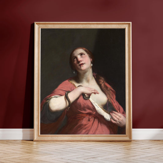 The image is a framed painting of a woman in a red dress, with a serious expression on her face, standing in a room with a red wall.