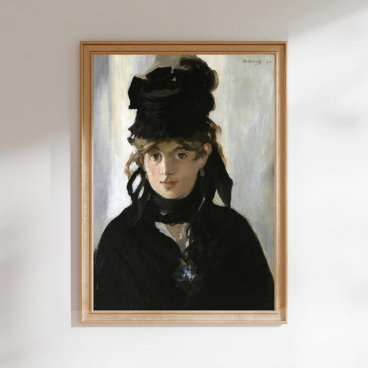The image is a framed painting depicting a woman wearing a black hat and coat, with a pensive expression on her face.