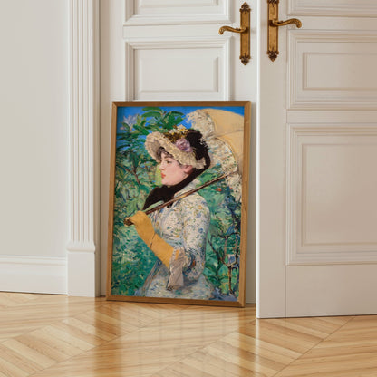 A framed painting of a woman in a white dress and hat, holding a parasol, is leaning against a white door.