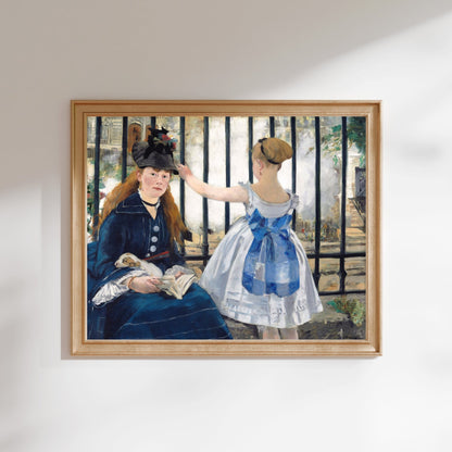 The image is a framed painting depicting two women in Victorian-era clothing, with one woman sitting and the other standing behind a fence.