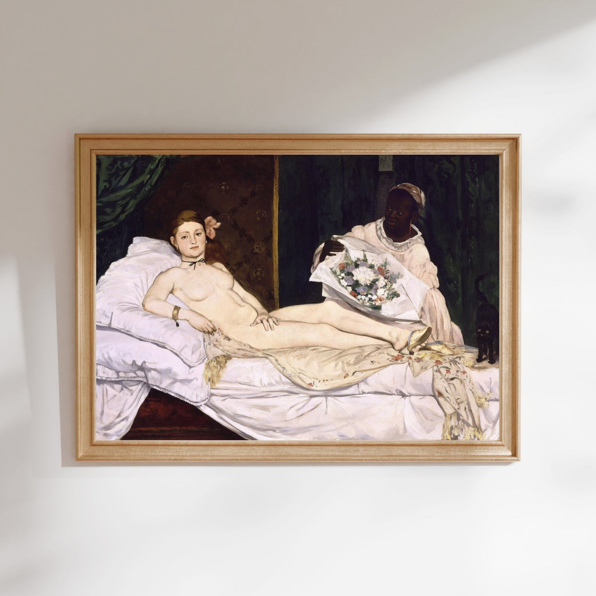 The image is a painting of a nude woman reclining on a bed, with another person holding a bouquet of flowers in the background.