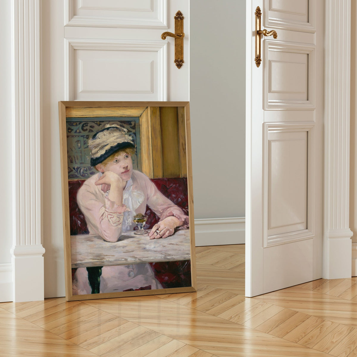 a painting of a woman sitting at a table, wearing a pink dress and a hat, with a wine glass in front of her.