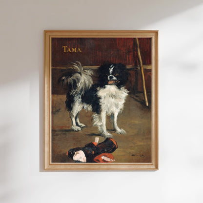 The image is a framed painting depicting a black and white dog standing on a wooden floor, with a red and black toy in front of it.
