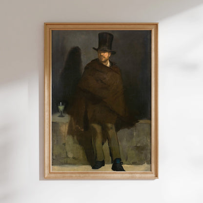 The image is a painting of a man wearing a top hat and a brown cape, sitting on a stone wall.