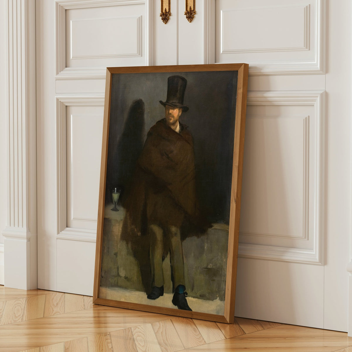 a painting of a man wearing a top hat and standing in front of a white door.