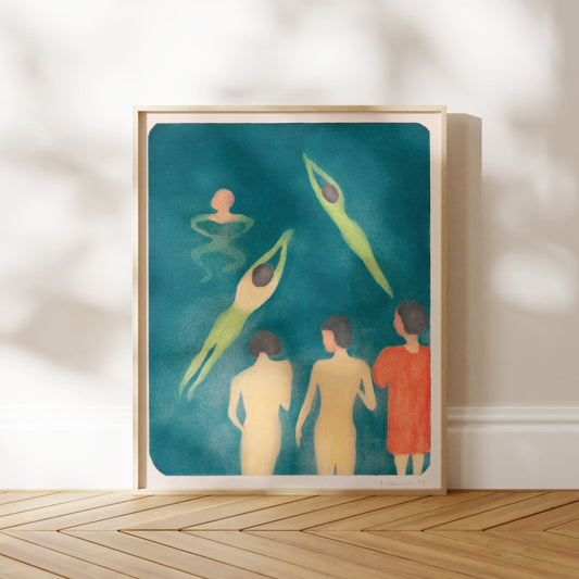 The image is a framed painting depicting a group of people swimming in a pool, with a blue background and green figures.