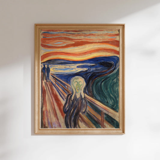 The image is a framed painting depicting the iconic painting "The Scream" by Edvard Munch.