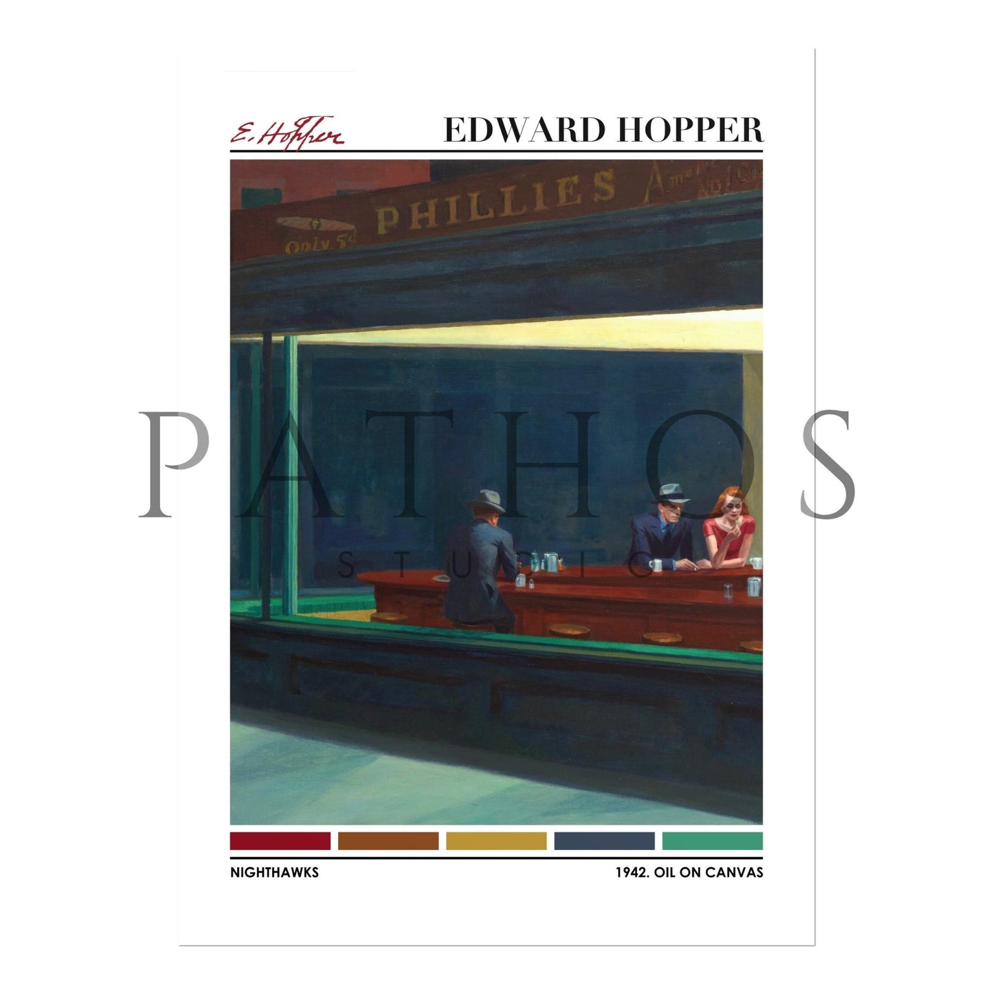 EDWARD HOPPER - Nighthawks (Color Palette Poster) - Pathos Studio - Art Prints