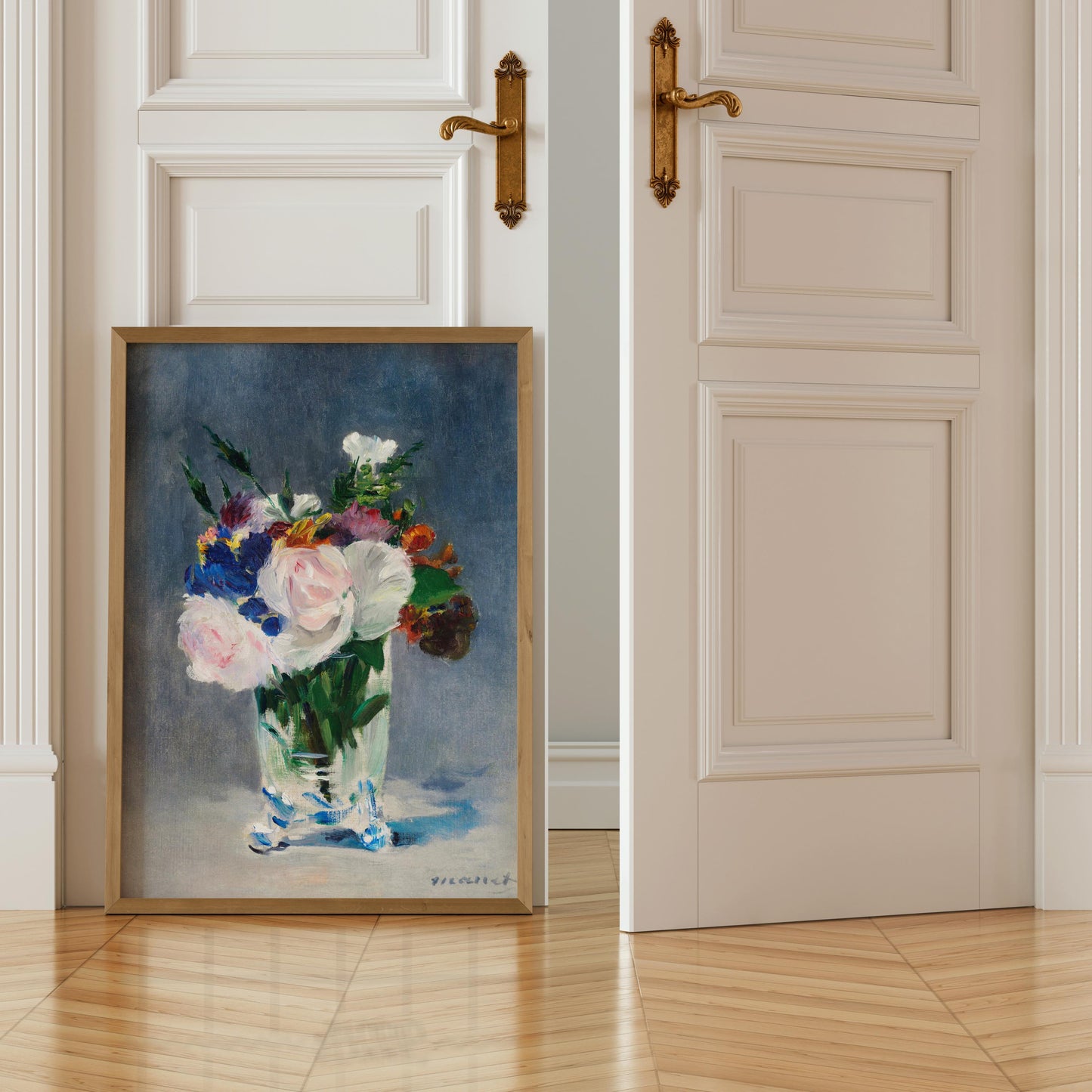 a painting of a vase filled with colorful flowers, displayed on a wooden floor in front of an open white door.