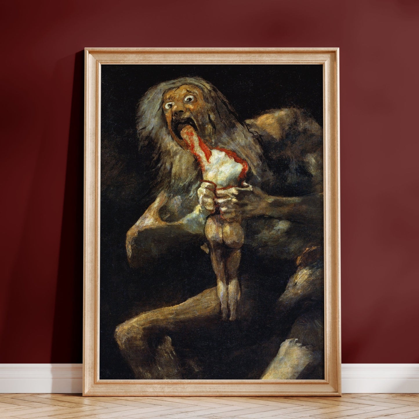 The image is a framed painting depicting a large, menacing creature with a long beard and a red object in its mouth, set against a dark background.