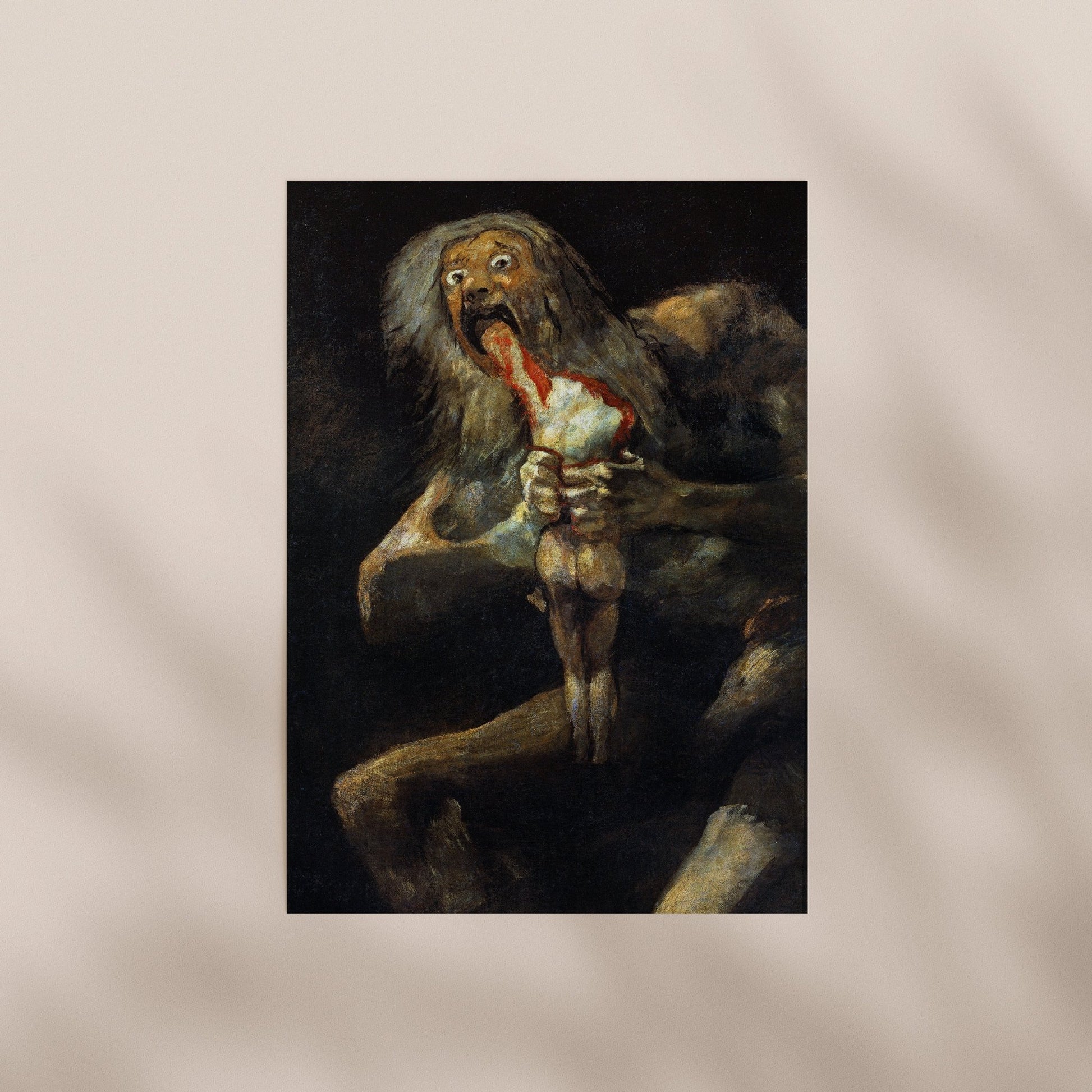 a large, eerie creature with a long, flowing beard and a red, bloody mouth, holding a human figure in its hands.