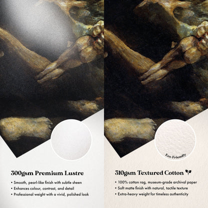 The image is a collage of two images, one showing a close-up of a hand and the other showing a close-up of a hand on a piece of paper. The text provides information about the materials used in the artwork, specifically the premium lustre paper and the textured cotton paper.