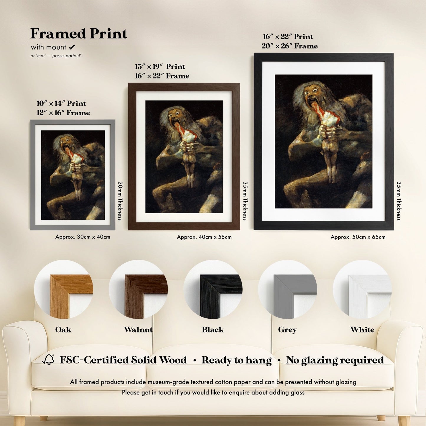 The image is a framed print with a painting of a large, menacing creature, possibly a monster or a dragon, displayed on a wall. The print is available in different frame sizes and finishes, such as 16" x 22" print, 10" x 14" print, and 12" x 16" frame. The print is described as "FSC-Certified Solid Wood" and "Ready to hang - No glazing required", indicating that it is a solid wood print without any additional embellishments.