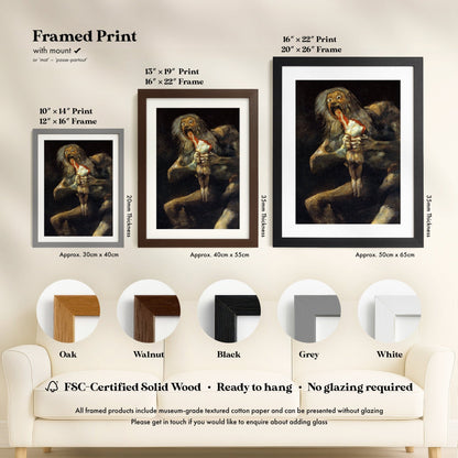 The image is a framed print with a painting of a large, menacing creature, possibly a monster or a dragon, displayed on a wall. The print is available in different frame sizes and finishes, such as 16" x 22" print, 10" x 14" print, and 12" x 16" frame. The print is described as "FSC-Certified Solid Wood" and "Ready to hang - No glazing required", indicating that it is a solid wood print without any additional embellishments.
