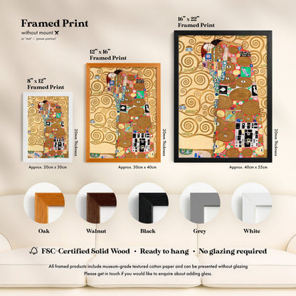 The image is a framed print of the famous painting "The Kiss" by Gustav Klimt. It features three different sizes of the artwork, including a 16" x 22" framed print, a 12" x 16" framed print, and a 20" x 24" framed print. The image also includes a color swatch for each frame, showing the different wood finishes available for the frames. The text provides information about the framed print, including its size, material, and presentation without any redundancy or vague descriptions.