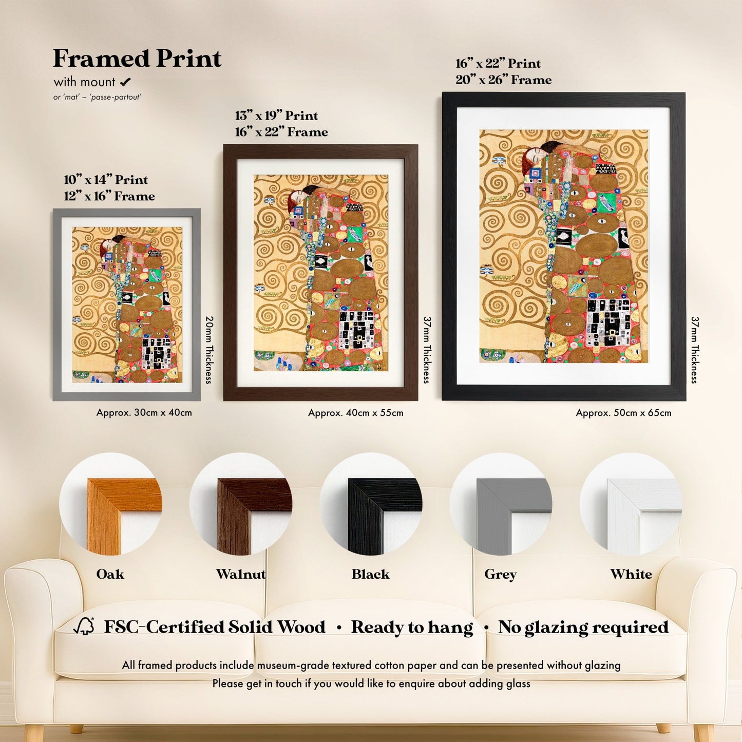 three framed prints of the famous painting "The Kiss" by Gustav Klimt, each with a different frame color and size.