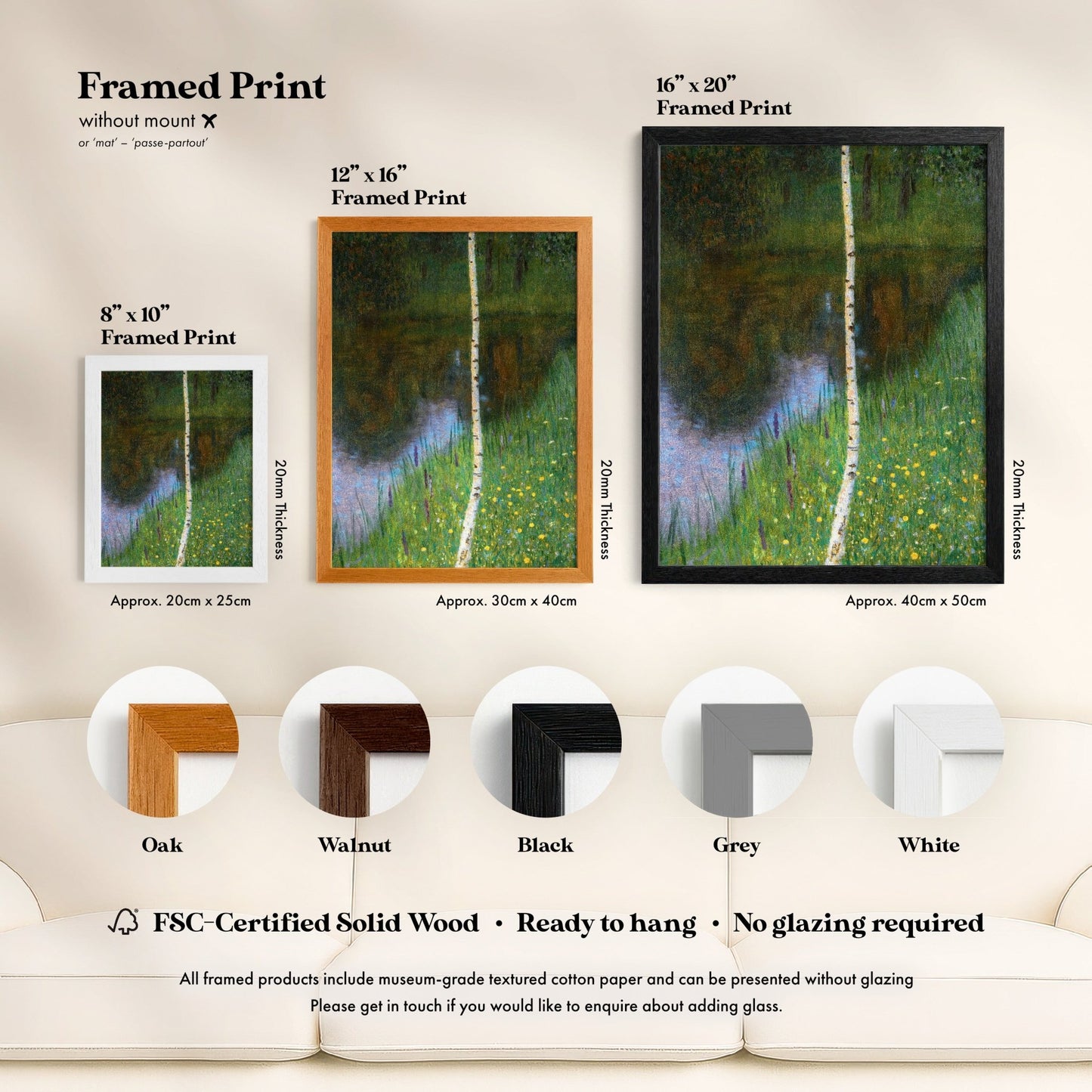 The image is a framed print advertisement for artwork, featuring three different framed prints of a painting of a tree with a stream of water flowing through it. The framed prints vary in size and frame style, and the text provides information about the different frame options available for the artwork.