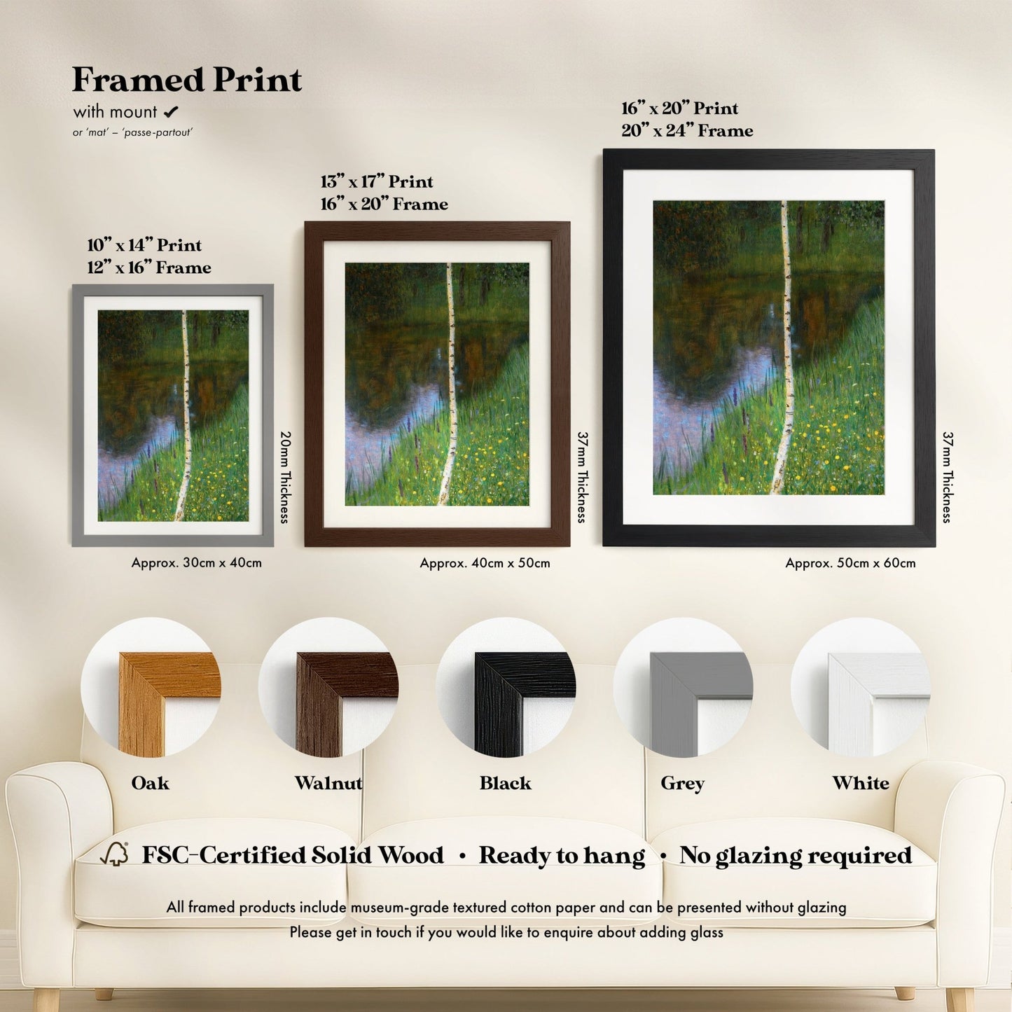 three framed prints of the same artwork, each with a different frame size and color, arranged on a wall.