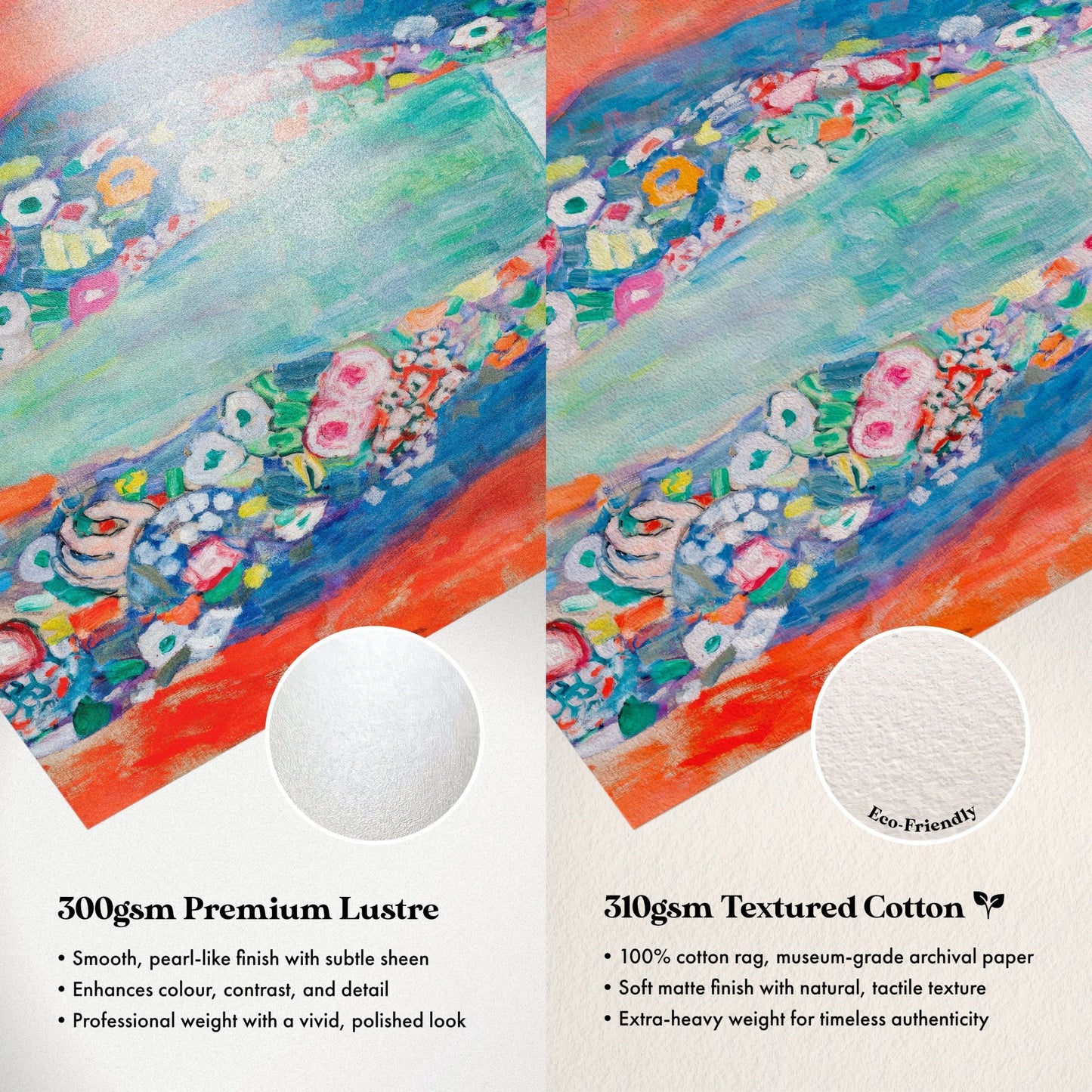 The image is a comparison of two types of paper: a smooth, pearl-like finish with subtle sheen and a textured cotton paper. The text highlights the differences between the two, such as the cotton paper's 100% cotton rag, museum-grade archival paper, soft matte finish with natural texture, and professional weight with a polished look.