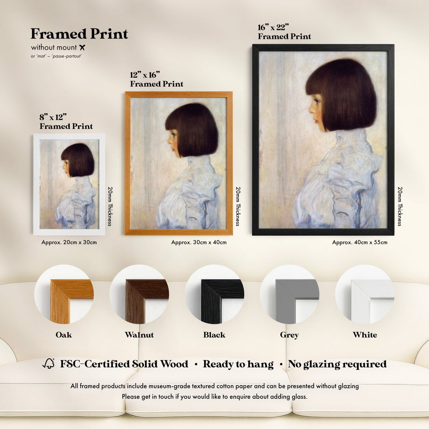 The image is a framed print of a painting of a young girl with short hair, displayed in various sizes and frame styles.
