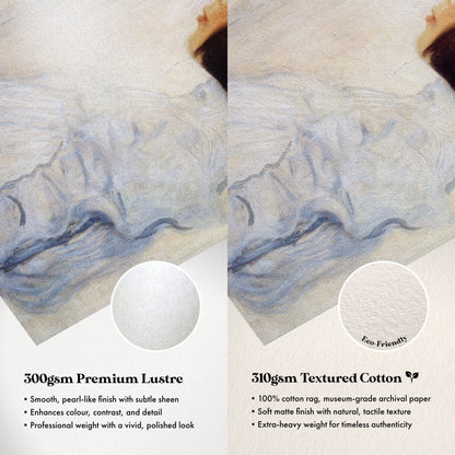 The image is a comparison between two types of paper materials: premium lustre paper and textured cotton paper. The text provides information about the characteristics of each material, such as texture, weight, and quality.