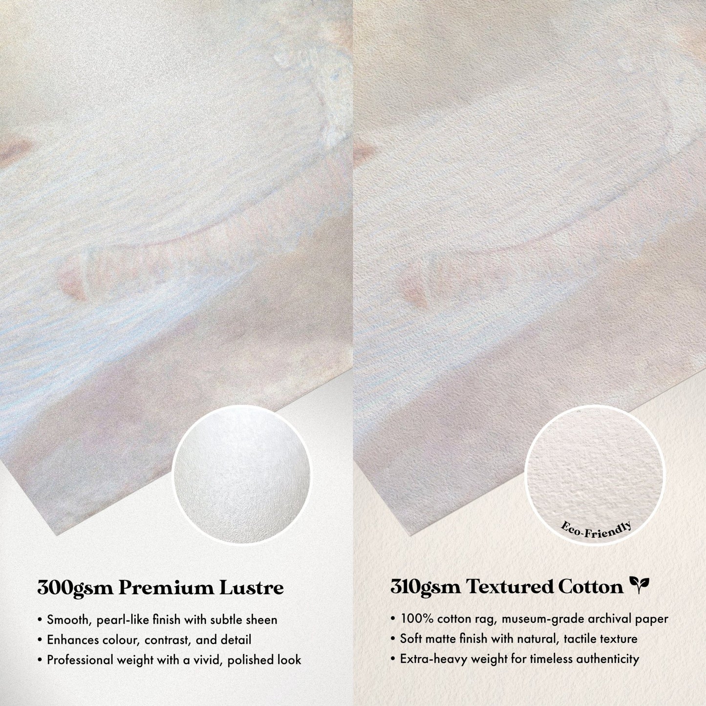 The image is a comparison between two types of paper: a smooth, pearl-like finish with subtle sheen and a textured cotton paper. The text highlights the differences between the two, such as the cotton paper being 100% cotton rags, museum-grade archival paper, and having a soft matte finish with natural texture, while the smooth paper is a professional weight with a polished look.